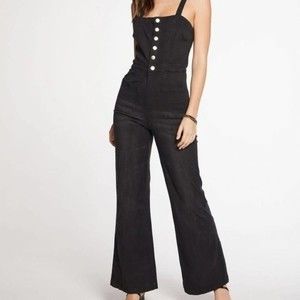 Chaser Washed Black Button Down Wide Leg Jumpsuit